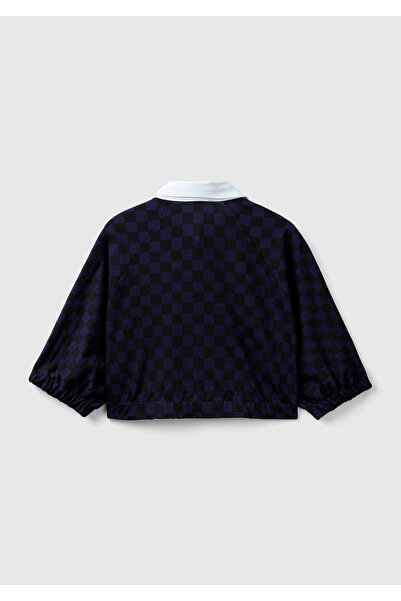 United Colors of Benetton Kadın Lacivert Mix Dama Desenli Kısa Kollu Crop Koton Gömlek