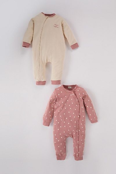 DeFacto Newborn Printed Baby Girl Polka Dot Romper Set of 2 - Zip-Up, Long Sleeve D6015A524Wn