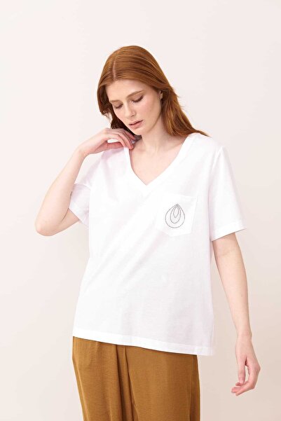 Roman Damla Motifli Tek Cepli V Yaka T-shirt Beyaz Y2423812_002