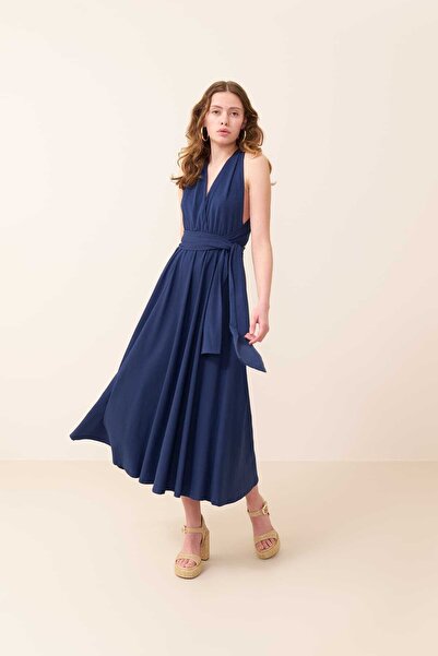 Roman Sırt Dekolteli Maksi Boy Elbise Lacivert Y2421013_015