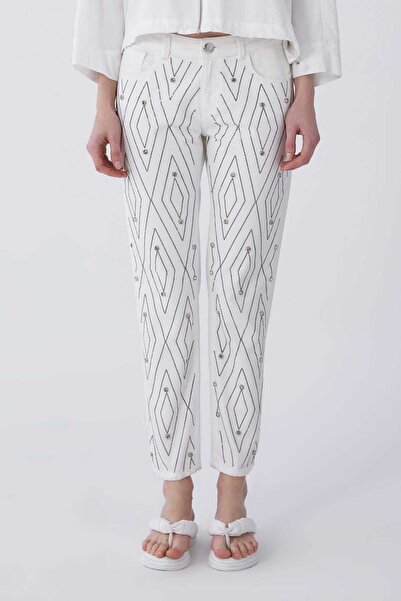 Roman Taş İşlemi Denim Kadın Pantolon Beyaz Y2153907_002