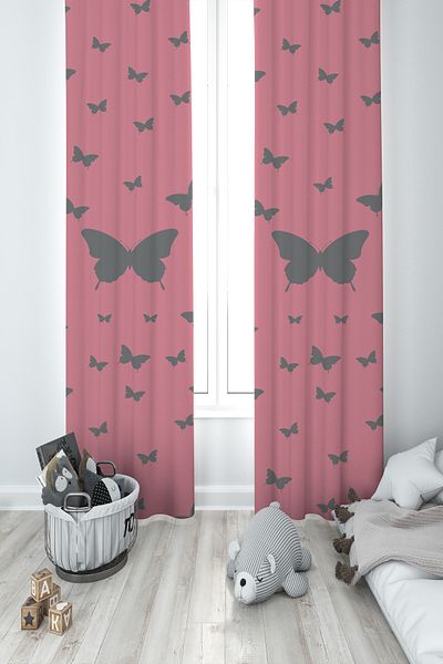 BAMBAŞKA MODA Baby and Children's Room Butterfly Pattern Pink 2 Wing Background Curtain Ybp-8156