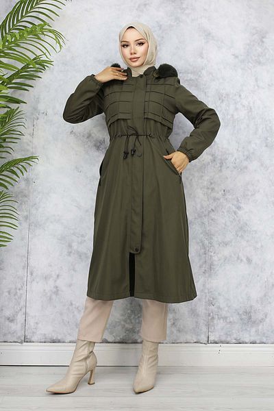 benguen 1101 Model Khaki Bondit Coat - Με βελούδινο εσωτερικό και γούνινο γιακά