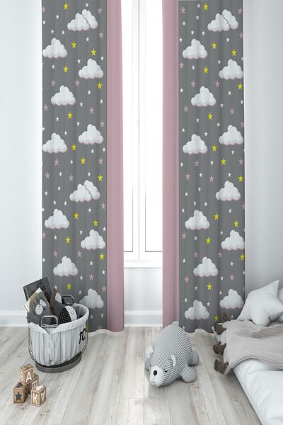 BAMBAŞKA MODA Baby and Children's Room Cloud and Star Pattern Framed 2 Wing Background Curtain Ybp-8383