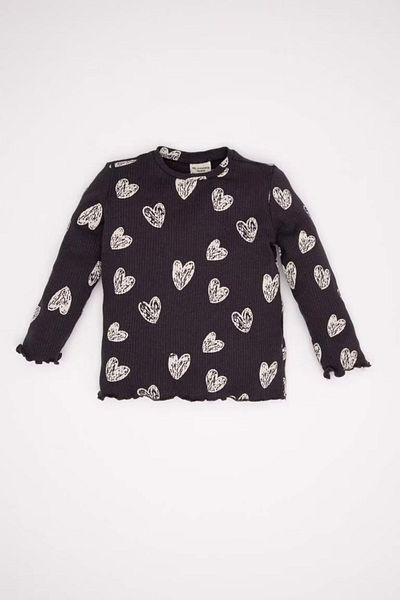 DeFacto Heart Patterned Ribbed Baby Girl T-Shirt - Long Sleeve, Crew Neck D3705A524Au