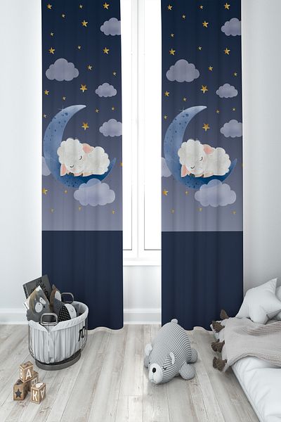 BAMBAŞKA MODA Baby and Children's Room Sleeping on the Moon Lamb Pattern 2 Wings Background Curtain Ybp-8355