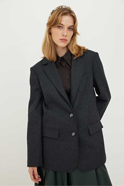 Roman Kaşmir Yün Karışımlı 2 Düğmeli Ceket Antrasit K2416038_046