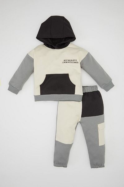 DeFacto 2-Piece Set for Baby Boy - Hooded, Printed Kangaroo Pocket and Elastic Jogger Sweatpants
