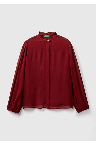 United Colors of Benetton Cămașă de damă 100% vâscoasă cu mânecă cu balon roșu Claret