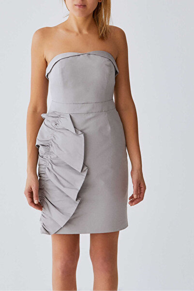 Roman Büzgülü Straplez Elbise Gri Y1121055_004