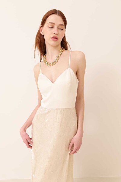 Roman Payetli Midi Boy Elbise Bej Y2411508_024