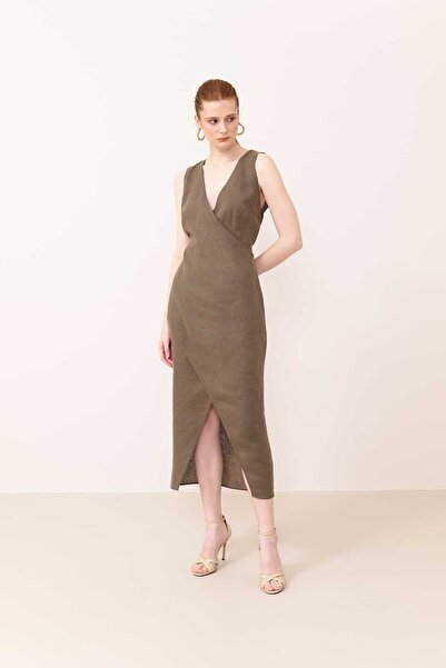 Roman Midi Keten Elbise Haki Y2411026_023