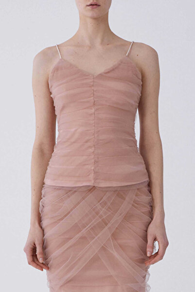 Roman İp Askılı Drape Tüllü Bluz Pudra Y2113086_055