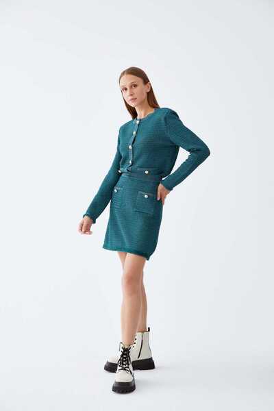 Roman Cep Detaylı Mini Triko Etek Yeşil K2271014_012