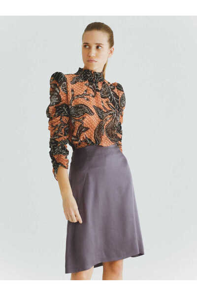 Roman %100 İpek Büzgü Detaylı Etek Mürdüm K2015083_007