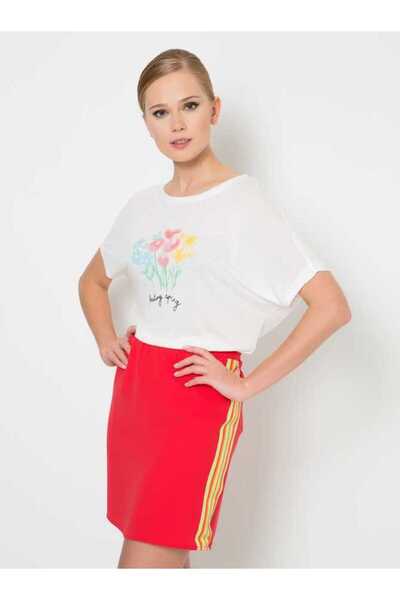 Roman Şeritli Mini Etek Mercan Y1525010_030