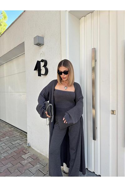 FMN Moda Pinterest Equivalent - Triple Knitwear Set with Stretchy Strapless Slit Blouse, Long Cardigan and Loose Leg Pants