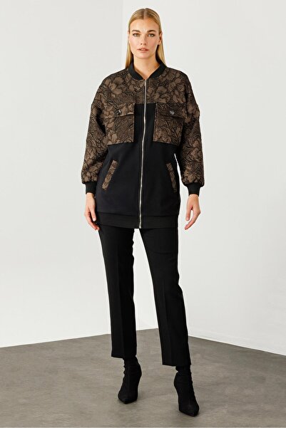 Moda İlgi Modailgi  Ribanalı ve Düz Kumaş Garnili Fermuarlı Sıfır Yaka Jakar Mont Kahve