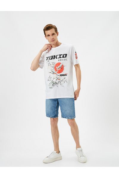 Koton Μπλουζάκι Far East Printed με λαιμόκοψη με κοντό μανίκι βαμβακερό