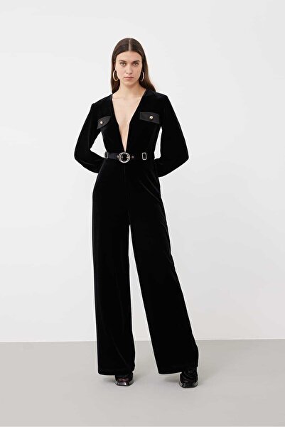 Roman V Yaka Geniş Paça Kadife Tulum Siyah K2412401_001