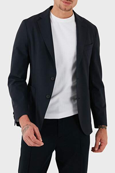 BOSS Streç Yün Karışımlı Slim Fit Yırtmaçlı Apaş Yaka Nefes Alabilen Blazer Ceket Erkek CEKET 505350