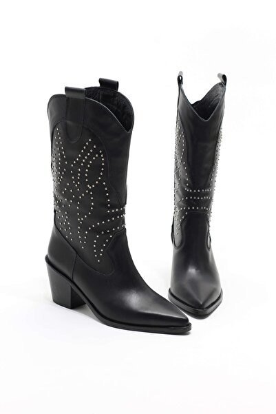 lizel NİANG SİYAH RENK HAKİKİ DERİ TOPUKLU KADIN ÇİZME