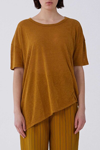 Roman Kısa Kol Asimetrik Kesim Tişört Hardal Y2154910_026