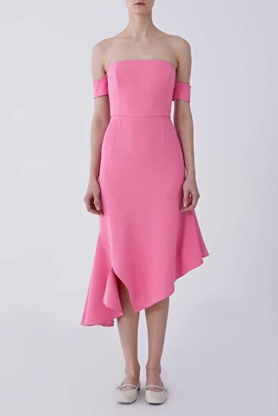 Roman Düşük Kol Etek Ucu Volanlı Abiye Elbise Pembe Y2111524_038