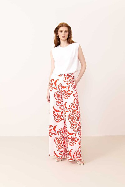 Roman Desenli Saten Pantolon Kırmızı-Beyaz Y2412069_129