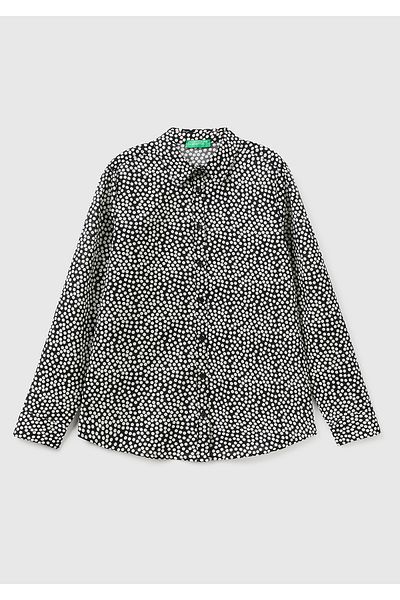 United Colors of Benetton Cămașă de damă din bumbac cu model floral alb-negru