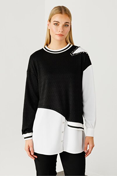 Moda İlgi Modailgi Ribana Detaylı Asimetrik Tunik Siyah