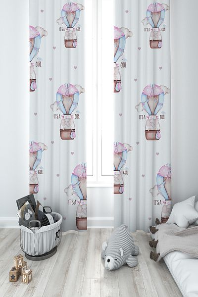 BAMBAŞKA MODA Baby and Children's Room Pink Flying Balloon Pattern 2 Wings Background Curtain Ybp-8040