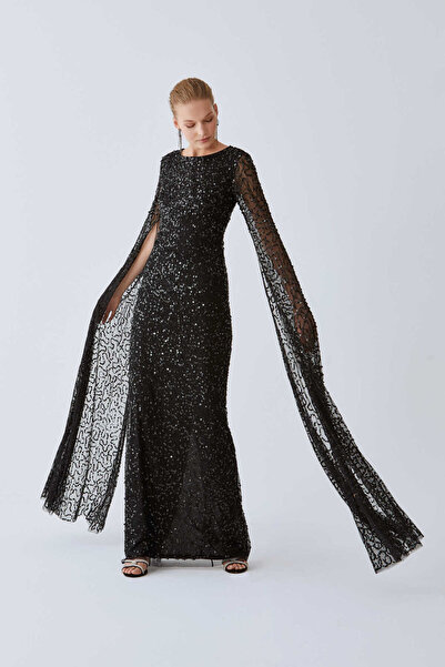 Roman Payetli Tül Detaylı Nişan Elbisesi Siyah K2063101_001