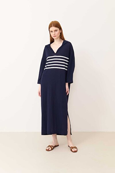 Roman Polo Yakalı Çizgi Desenli Midi Elbise Lacivert - Beyaz Y2471024_395