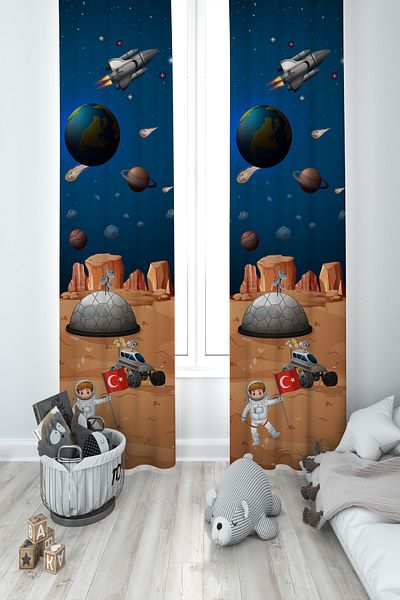 BAMBAŞKA MODA Baby and Children's Room Turkish Astronaut 2 Patterned 2 Wings Background Curtain Ybp-8394