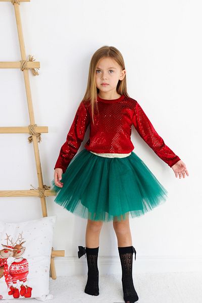 Monila Girls' Shiny Long Sleeve Top and Tutu Skirt Christmas Set