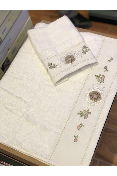 Fiesta Duygu Bamboo 3D Embroidered Mother-Daughter Towel Set - Cream/Coffee
