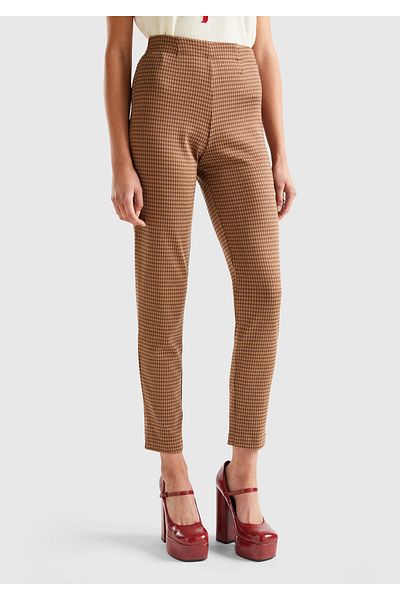 United Colors of Benetton Women's Tan Polyviscose Skinny Fit Trousers with Houndstooth Pattern