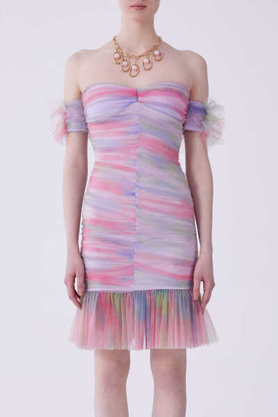 Roman Düşük Kol Büzgülü Batik Tül Abiye Elbise Standart Renk Y2111341_089