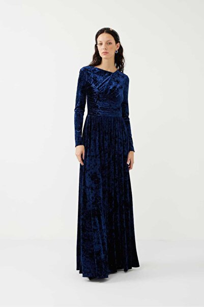Roman Kadife Drapeli Maxi Elbise Lacivert K2411516_015