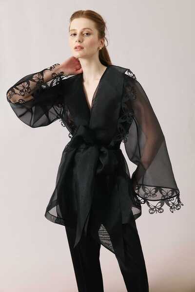 Roman Kelebek Detaylı Organze Kimono Siyah Y2413902_001