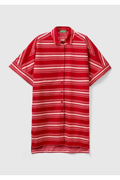 United Colors of Benetton Rochie roșie 100% bumbac pentru femei, cu guler de cămașă, cu dungi lungi la spate