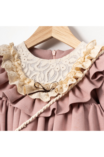Cumino Fleur  Pudra Pembesi  Uzun Kollu Aksesuarlı Kız Çocuk Elbisesi 9-12-18-24 Ay