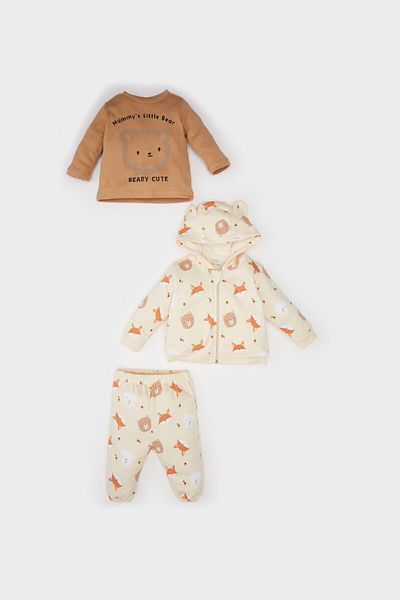 DeFacto Bear Printed 3-Piece Set for Baby Boy - Crew Neck Sweatshirt, Hooded Cardigan and Elastic Waistline