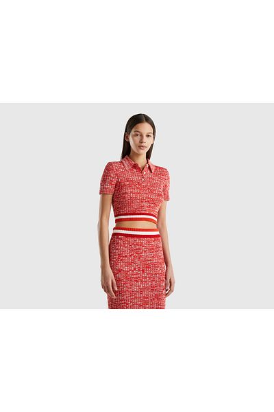 United Colors of Benetton Damen-Poloshirt mit Granatapfelblüten-Polokragen und Slim Fit aus Muline-Rippenstoff