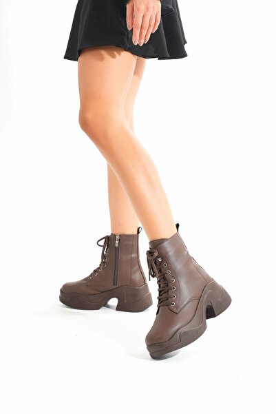 İnfon Ayakkabı Marketi FZ-2550 Kahverengi Yüksek Tabanlı Bağcıklı Fermuarlı Günlük Kadın Bot