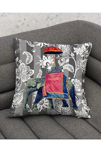 Şah Dekor Gray Color Ethnic Indian Elephant Patterned Digital Printed 4-Piece Seat Pillow and Throw Pillow Cover Set