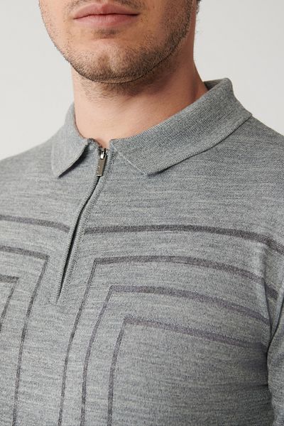 Avva Grauer gestreifter Strickpullover aus Wolle mit Reißverschluss für Herren A32y5094