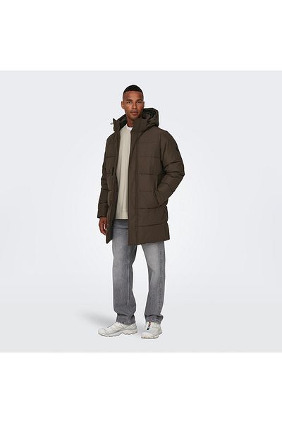 Only & Sons Only&Sons Carl Life Long Quilted Coat Ανδρικό παλτό με κουκούλα σε καφέ χρώμα