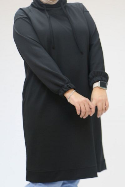 Eslina 48105 Plus Size Turtleneck Tunic with Elastic Sleeves - Black